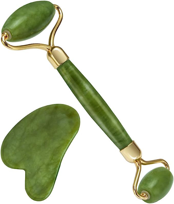 Jade Roller and Gua Sha Flawless Jade Roller With Guasha (marble Stone) Stimulates Healthier Skinet, Facial Roller for Skin, Jade Roller & Guasha Reduce Puffiness