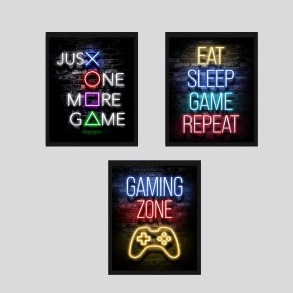 Set Of 3 Gaming Text Neon Wall Frames 8x11 inches size / Wall Frame For Room Decoration