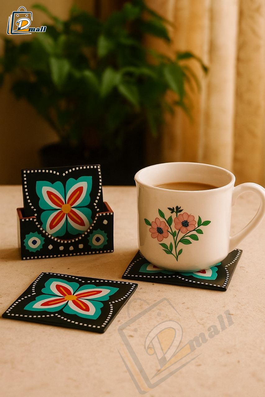 Chamak Patti Truck Art Wooden Tea Coaster Set – 6 Pcs with Holder (Handmade)