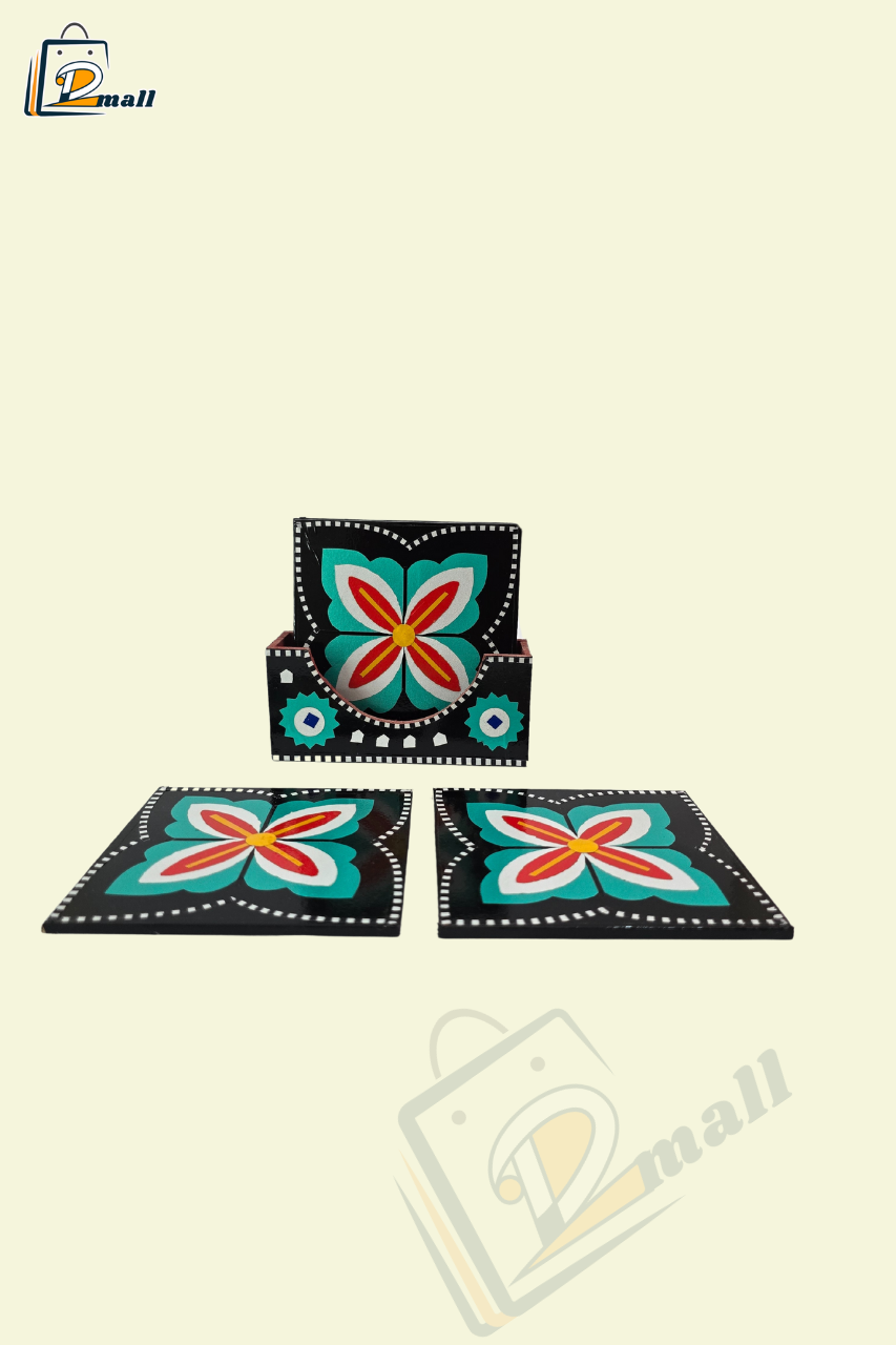 Chamak Patti Truck Art Wooden Tea Coaster Set – 6 Pcs with Holder (Handmade)