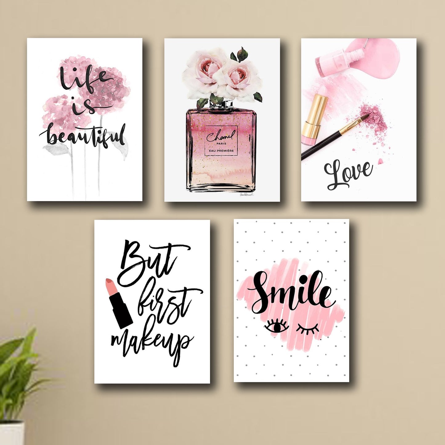 set of 5 make up themed girls room decore wall art wooden sticky Phototile frames (8 x11 inches)