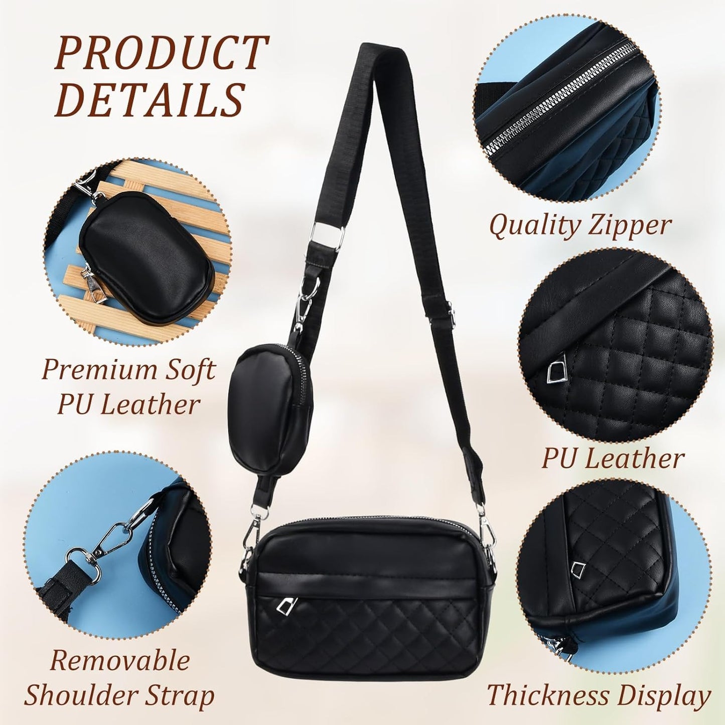Stylish Girl's Convertible Crossbody Bag - Fashion Handbags for Ladies PU Leather Polyester Waterproof Shoulder Bags With Change Purse Trending Travel Crossbody Bag - 1 Pc, Black PU Leather