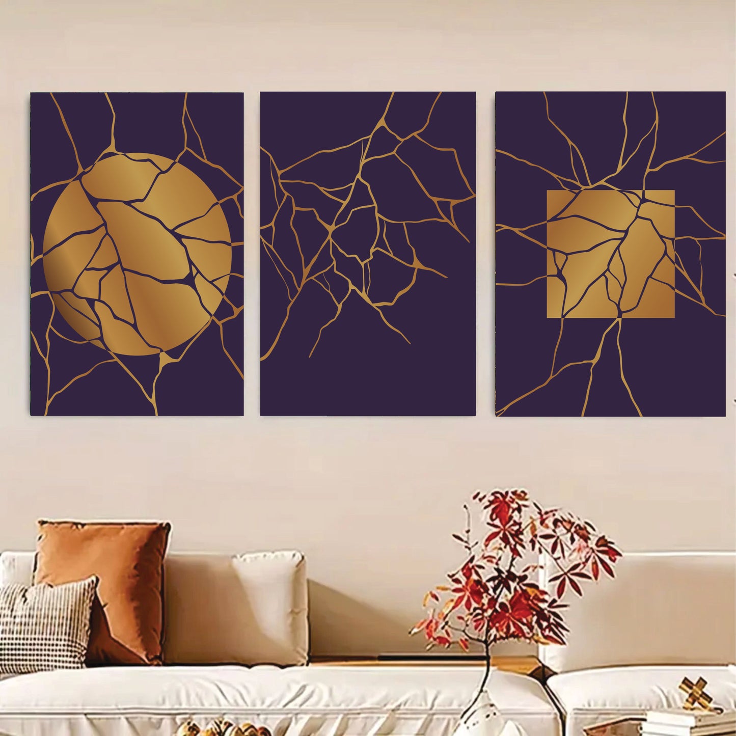 Set Of 3, Abstract golden moon Wall Art Photo Canvas Wooden Tile Frame