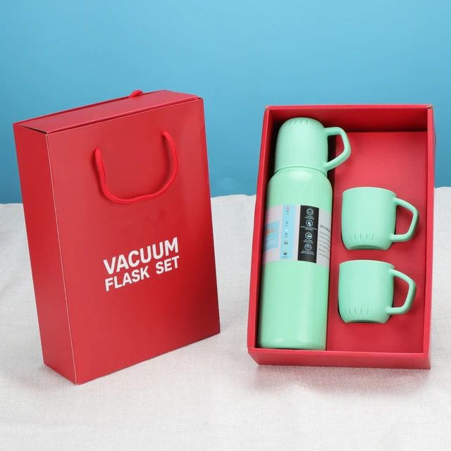 New Shape Vacuum Flask stainless steel Bottle with 2 Cups and Gift Box 550 ML (Direct Sip Option) (random color)