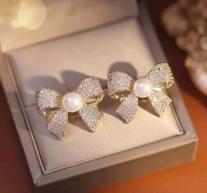 Korean Elegant Zircon Bow style Earrings Pearl style Bow Earrings For Girls