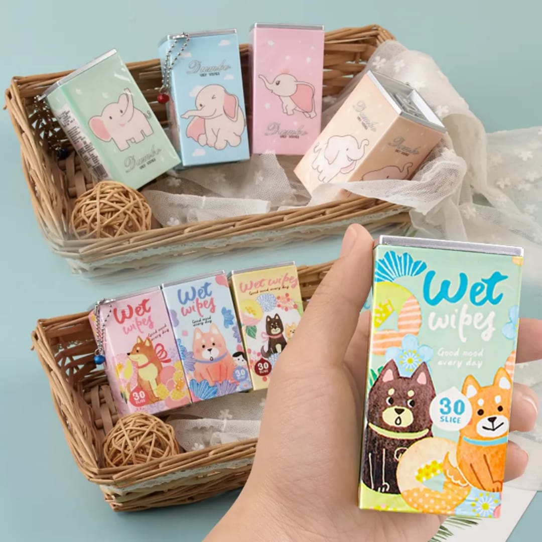 Square Shape Mini Wet Wipes Tissue, Extremely Portable Tin / 30 Wet Wipes in 1 tin (Random Tin color & design )