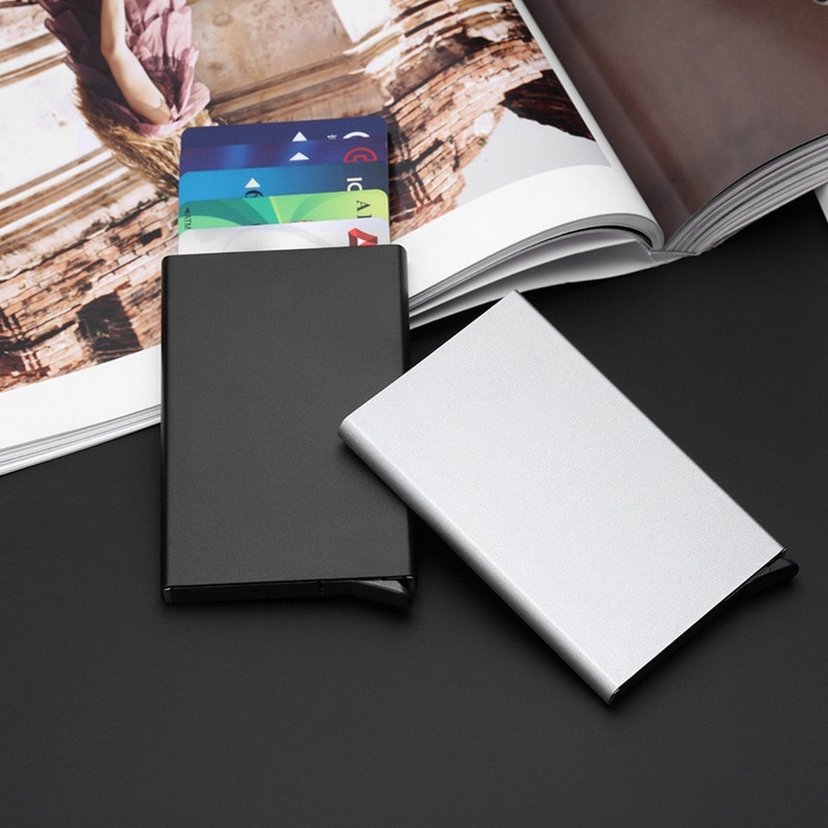 Pop_up Card Holder | Anti-theft ID Credit Card Holder Thin Aluminum Metal Wallet | Credit Card Box Card Holder | Pocket Cover Bank for Women Men ( Black)