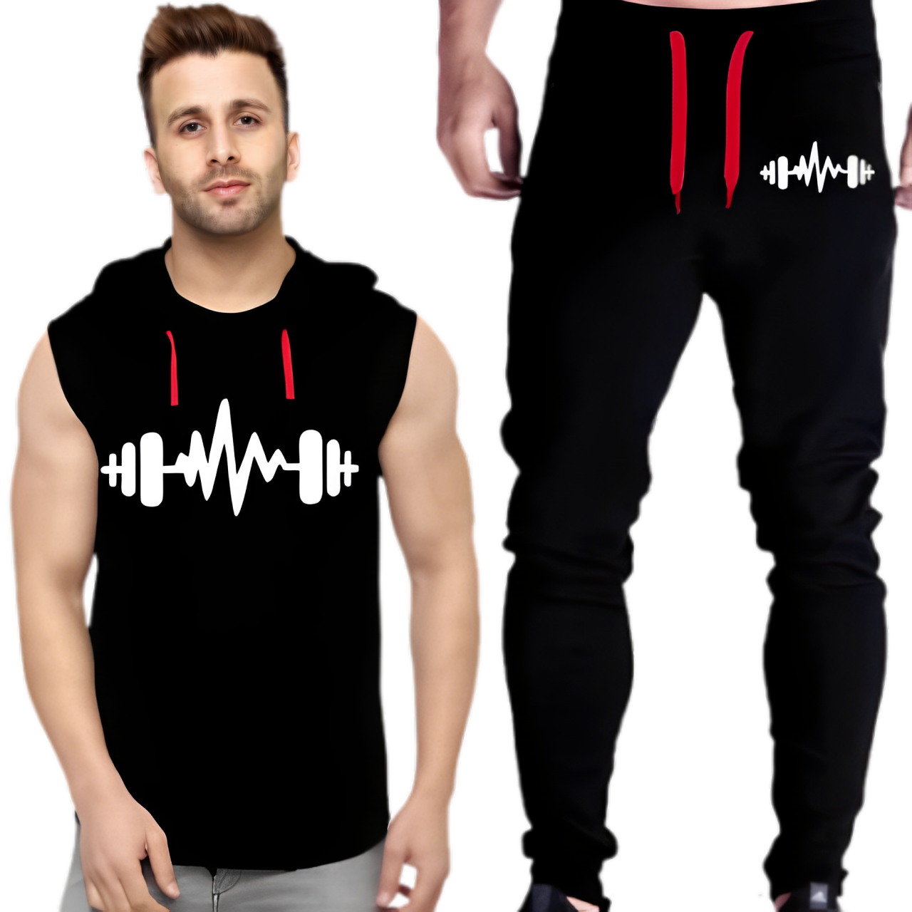 Black Vinyl Dumble Printed Gym Summer Hooded Sleeveless Tracksuit for Mens (Hooded + Trouser)
