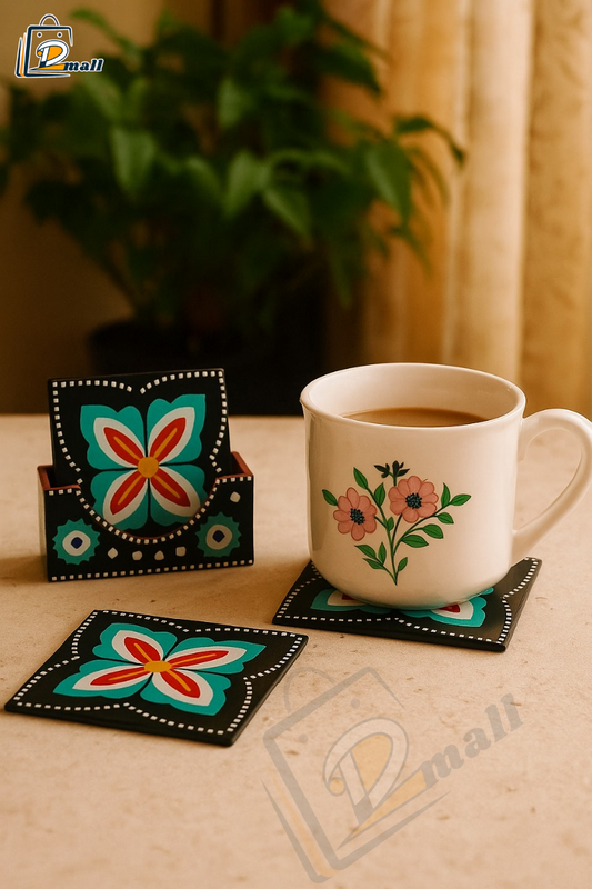 Chamak Patti Truck Art Wooden Tea Coaster Set – 6 Pcs with Holder (Handmade)