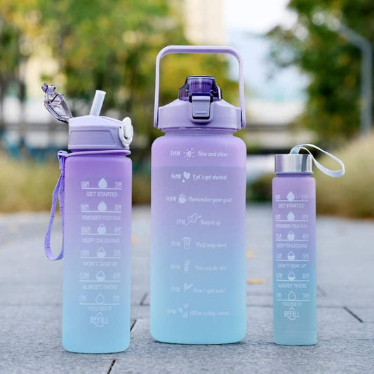 Sports Water Bottles 3 Pcs Set with Motivational Time Marker &amp; Leak Proof Flip Top Lid  (random color)