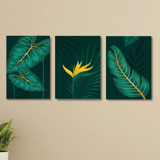 Set of 3 GREEN Flowers Wall Art Wooden Frames for Home Decoration / Sticky Photo Tiles