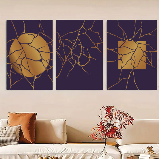 Set Of 3, Abstract golden moon Wall Art Photo Canvas Wooden Tile Frame