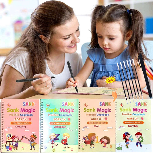 Sank Magic book Practice |  Tracing Handwriting First Pre-school Baby Learning Books for Kids (4 Books + Magic Pen with10 Ink Refills)