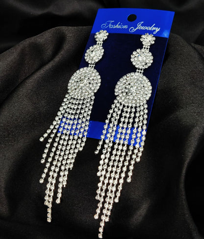 Imported Tarnish-Free Silver Sparkling Long Statement Earrings for Glamorous Evenings | Best Quality Earrings For Girls &amp; Women | Luxury Look Earrings (Silver)