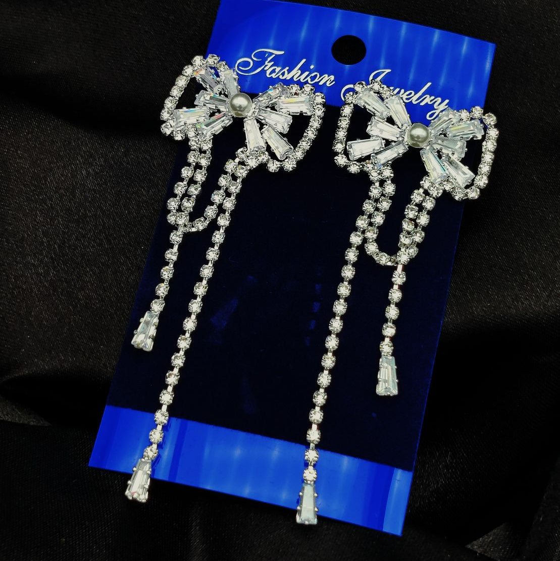 Imported Tarnish-Free Silver Sparkling Long Statement Earrings for Glamorous Evenings | Best Quality Earrings For Girls &amp; Women | Luxury Look Earrings (Silver)